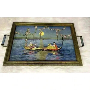 Antique Asian Geisha Girl Girls Tray with Handles